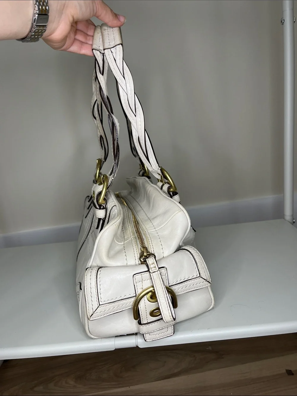Coach  Cream Soho Mia Shoulder Bag with Braided Handles and Gold Hardware